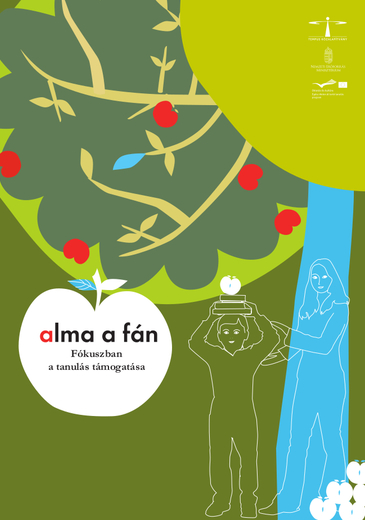 Alma a fán 2 kiadvány borítóképe egy almafa alatt álló felnőtt alak segíti a gyermeket a feje tetejére pakolt könyvekkel