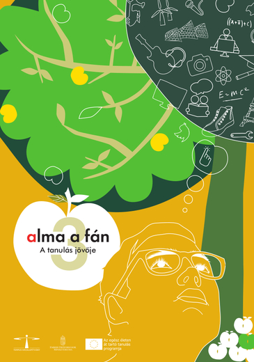 Alma a fán 3 kiadvány borítóképe egy alma alatt töprengő és a gondolatait buborékban megjelenítő szemüveges férfialakkal