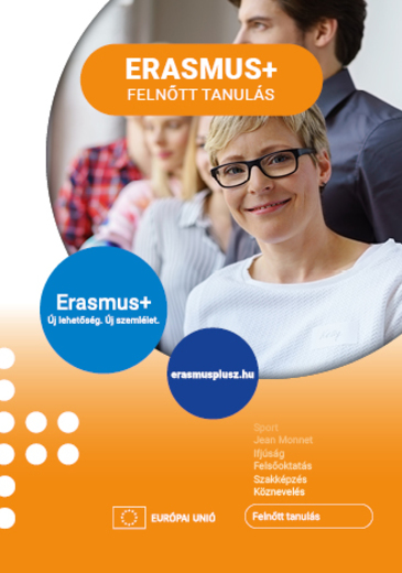 Erasmusplusz Felnőtt tanulás Leporello borítókép a kiadvány címével logókkal és mosolygó felnőttek képeivel