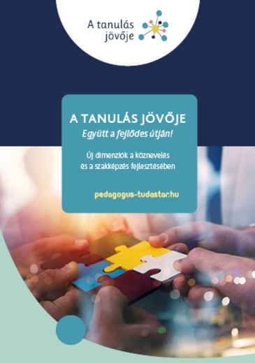 Erasmusplusz Mentorhálózat A tanulás jövője Leporello borítókép kiadvány címével és logókkal és pár puzzlet illesztő kéz