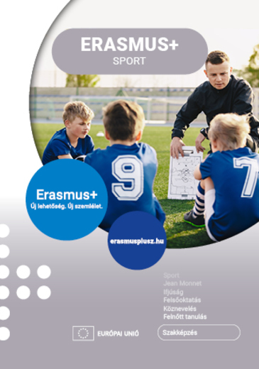 Erasmusplusz Sport Leporello borítóképe a kiadvány címével logókkal és egy kis csapat focistafiúval és edzőjükkel
