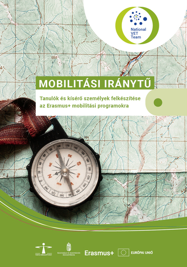Mobilitási iránytű NVET kiadvány borítóképe a kiadvány címével és egy térképen elhelyeztt iránytű képével